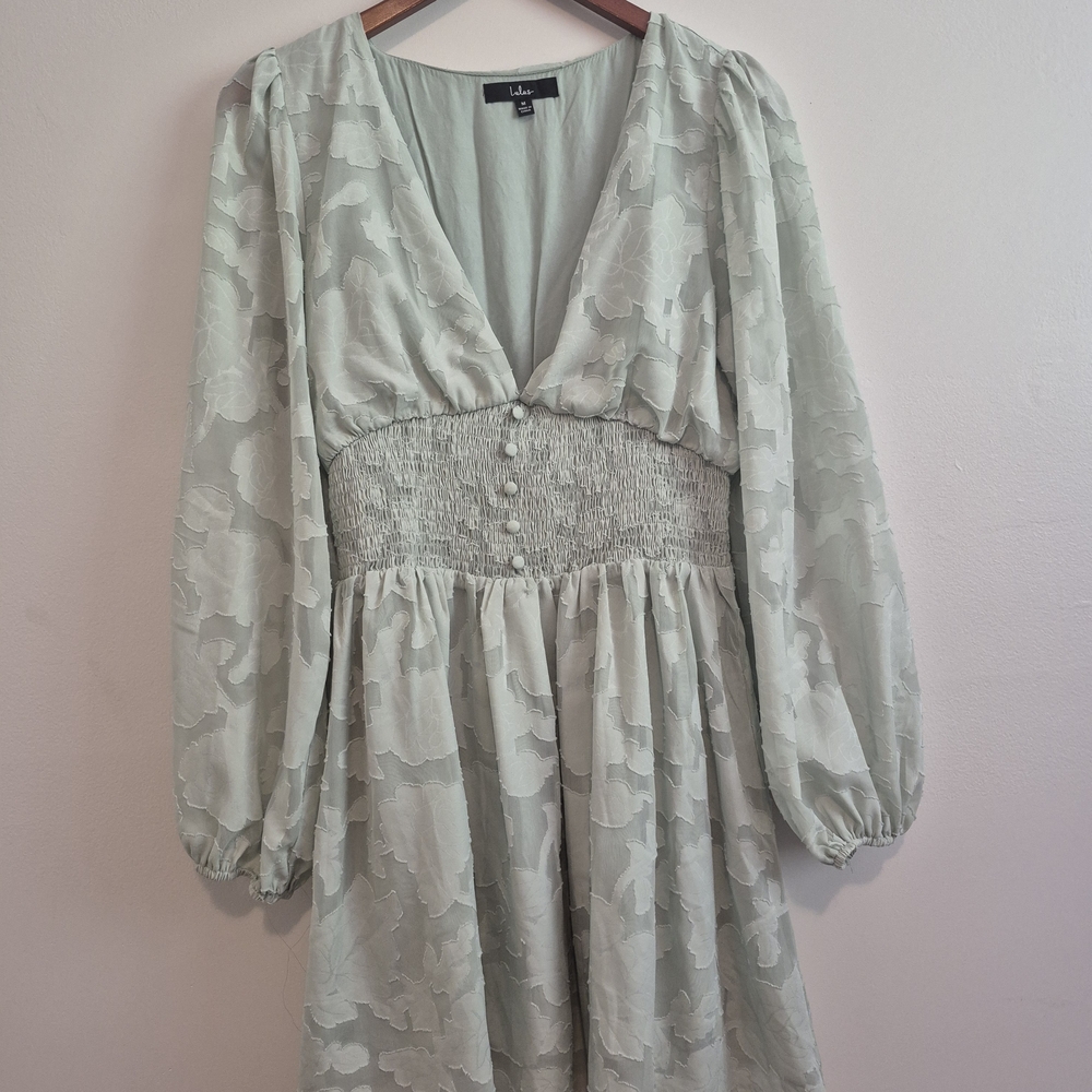 Lulu's Green Plunge Bishop Sleeve Sundress - Picture 2 of 4